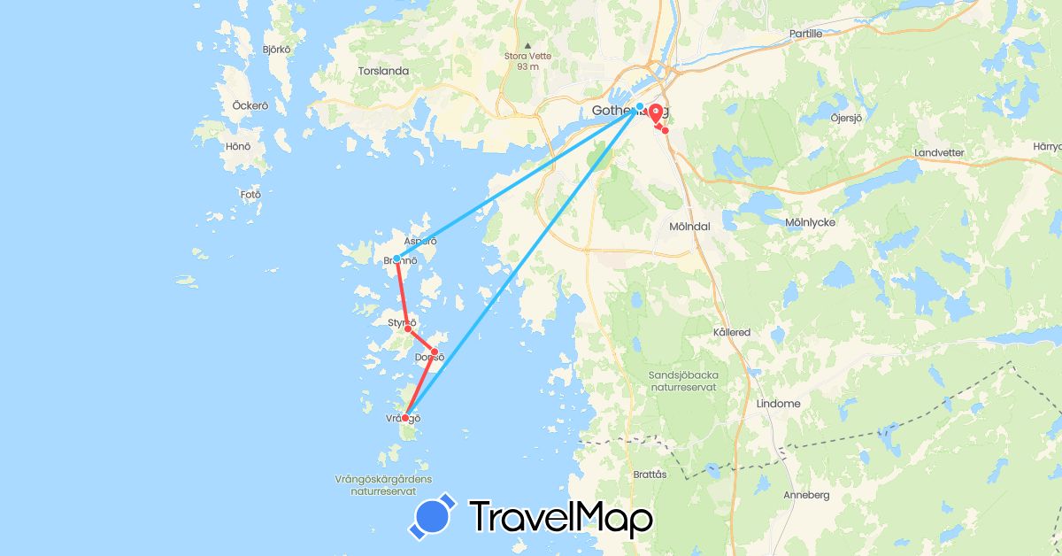 TravelMap itinerary: driving, hiking, boat in Sweden (Europe)